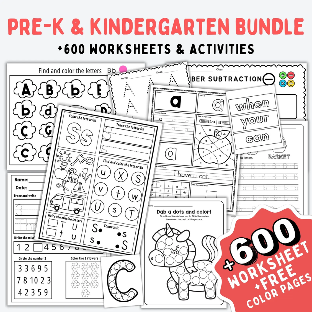 Pre-K+Kindergarten Learning Bundle, 600+ Activity Worksheets