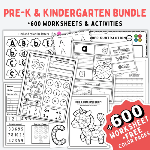 Pre-K+Kindergarten Learning Bundle, 600+ Activity Worksheets