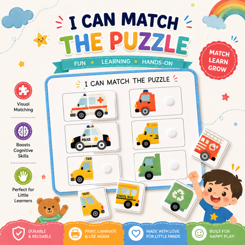 Vehicle Matching Puzzle, Montessori Transport Activity For Kids