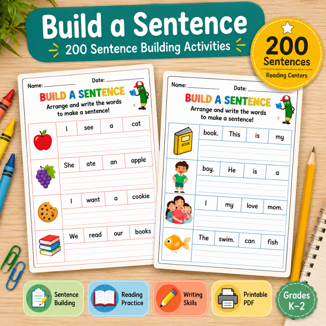 Build A Sentence Worksheets, Kindergarten & Early Elementary