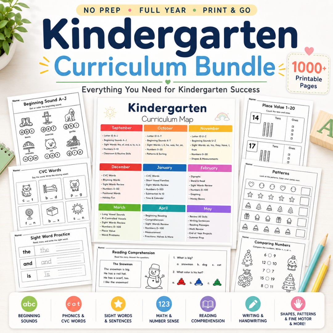 Kindergarten Curriculum with Lesson Plans & Worksheets Monthly Learning Binders or Workbooks Homeschool