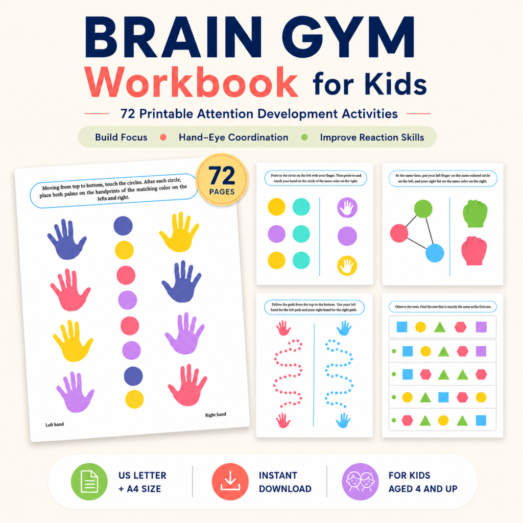 "Brain Gym Workbook for Kids | 72 Pages Printable Attention Development Activities | Hand-Eye Coordination, Focus & Reaction Exercises PDF "