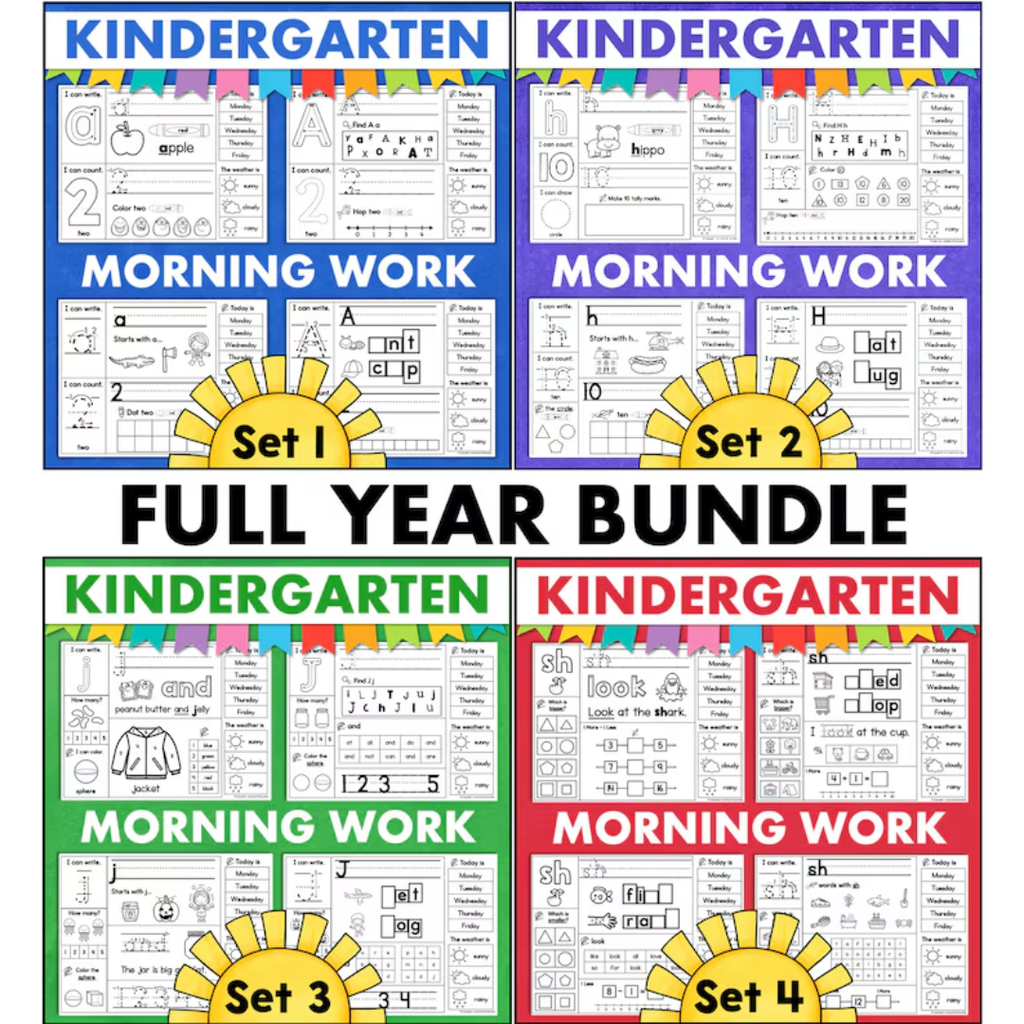 Kindergarten Daily Practice Worksheets FULL YEAR Spiral Review Phonics Reading Writing Math Letters Numbers Colors Shapes Homeschool