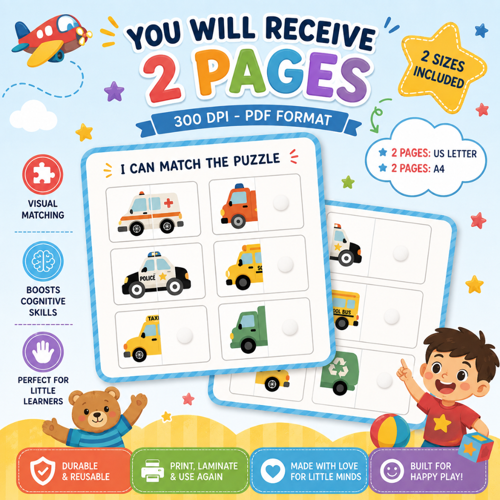 Vehicle Matching Puzzle, Montessori Transport Activity For Kids