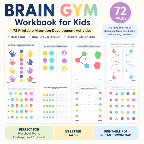 "Brain Gym Workbook for Kids | 72 Pages Printable Attention Development Activities | Hand-Eye Coordination, Focus & Reaction Exercises PDF "