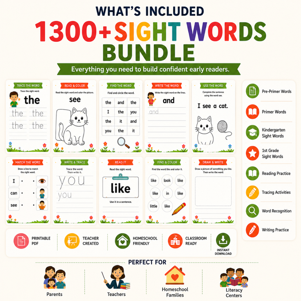 1300+ Sight Words Printable Bundle | Preschool Kindergarten Reading Worksheets (Digital Download)