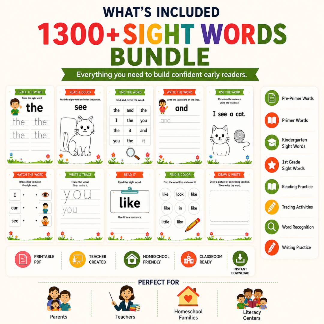 1300+ Sight Words Printable Bundle | Preschool Kindergarten Reading Worksheets (Digital Download)