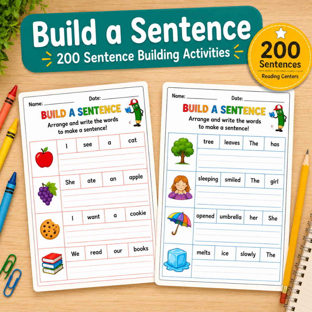 Build A Sentence Worksheets, Kindergarten & Early Elementary
