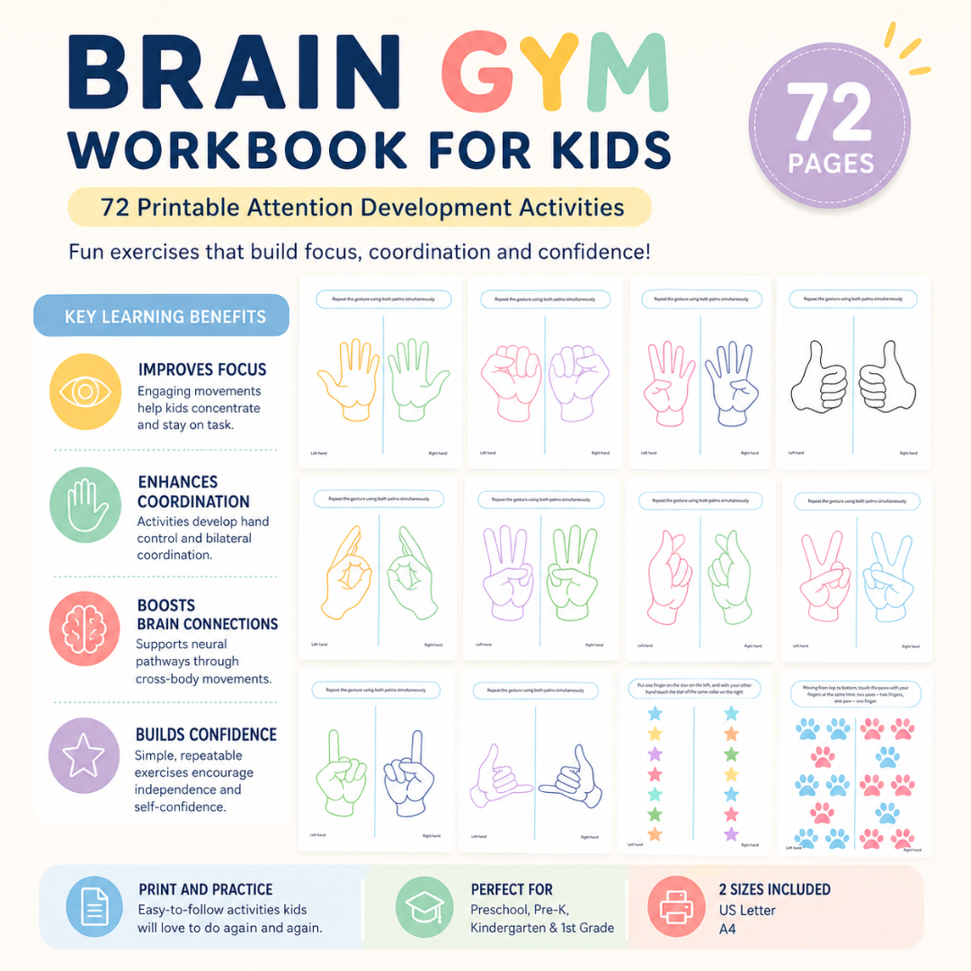 "Brain Gym Workbook for Kids | 72 Pages Printable Attention Development Activities | Hand-Eye Coordination, Focus & Reaction Exercises PDF "