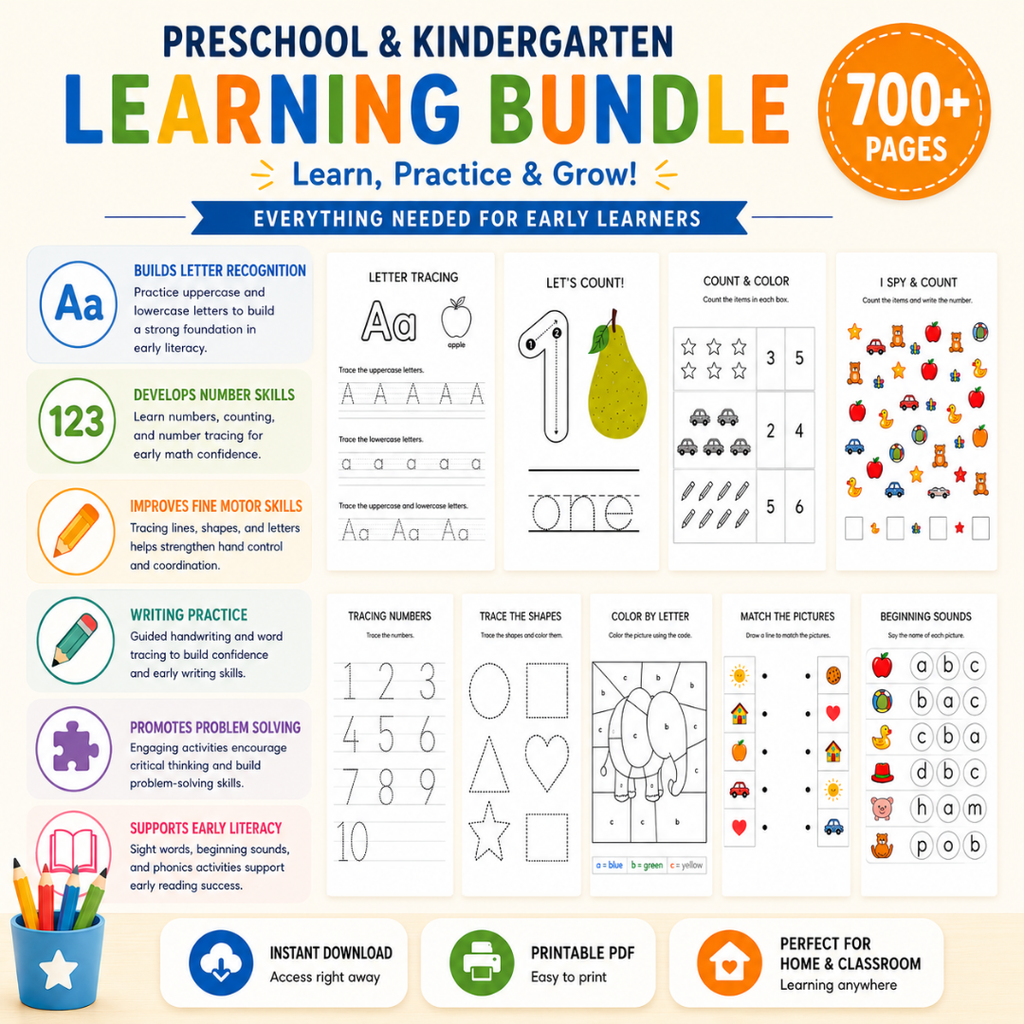 Ultimate Preschool Kindergarten Bundle, Preschool Workbook, KIndergarten Workbook, Preschool Activity Pack, Kindergarten Printable Activity
