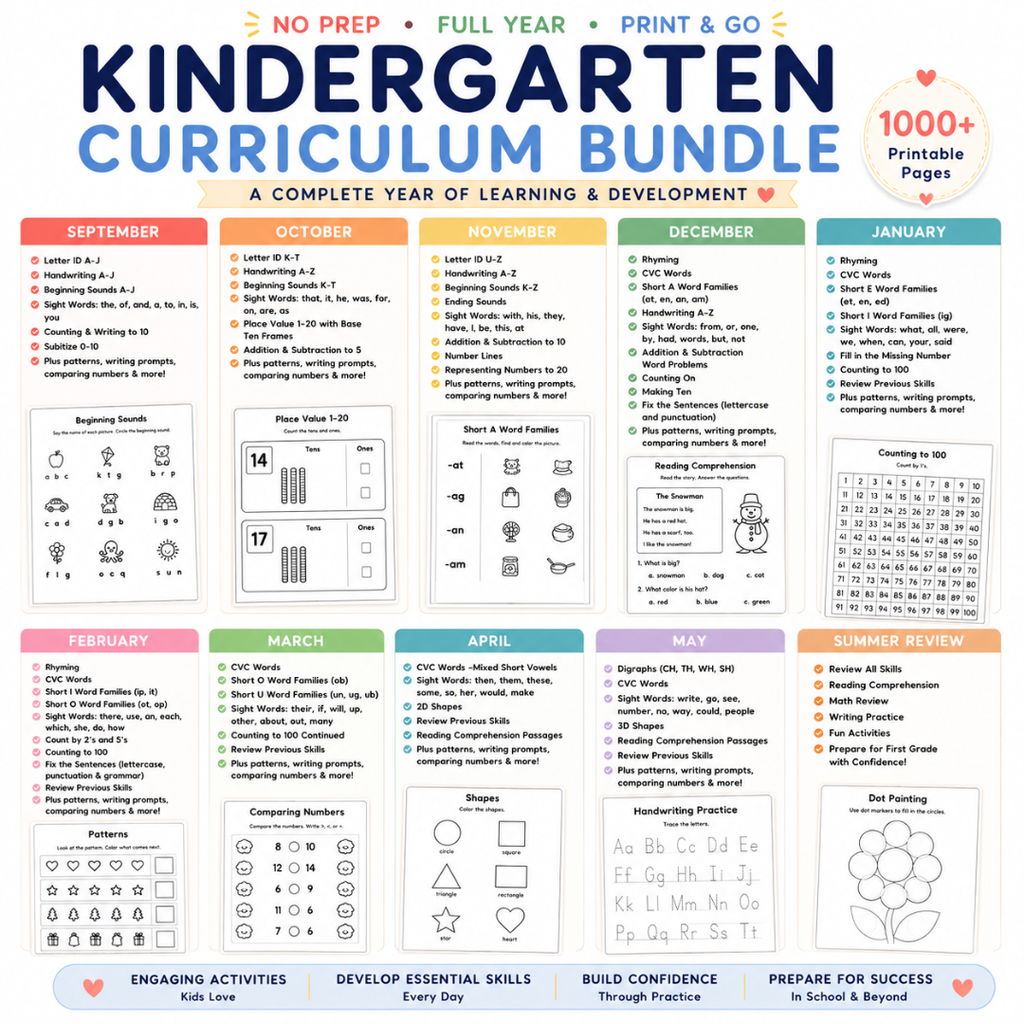 Kindergarten Curriculum with Lesson Plans & Worksheets Monthly Learning Binders or Workbooks Homeschool