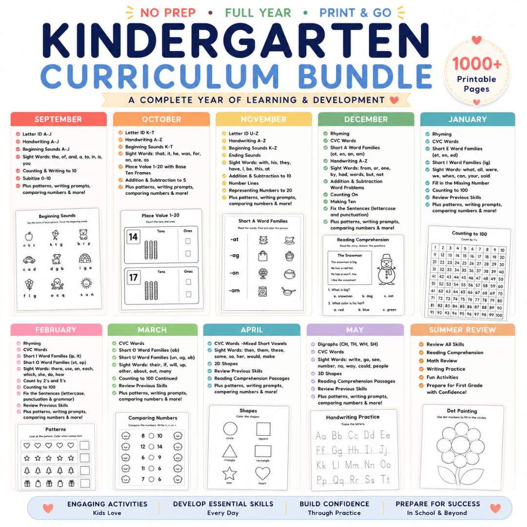 Kindergarten Curriculum with Lesson Plans & Worksheets Monthly Learning Binders or Workbooks Homeschool