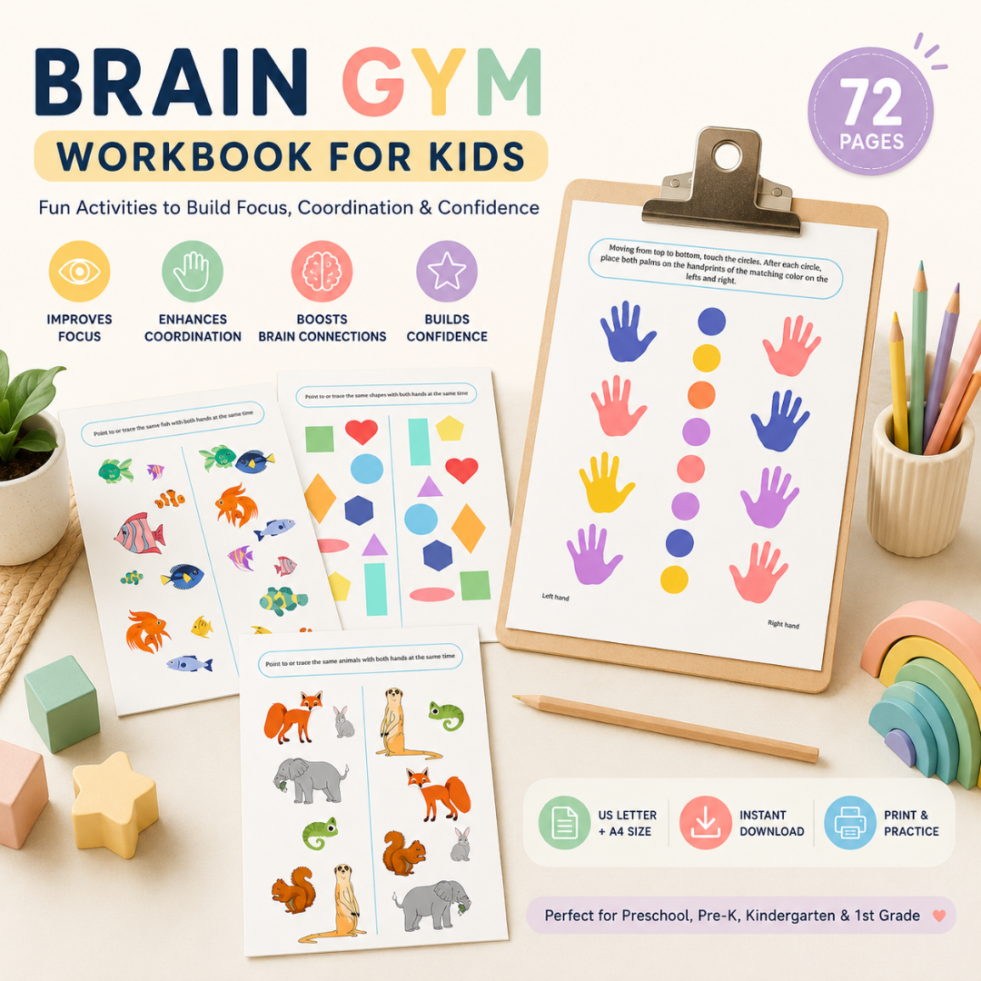 "Brain Gym Workbook for Kids | 72 Pages Printable Attention Development Activities | Hand-Eye Coordination, Focus & Reaction Exercises PDF "