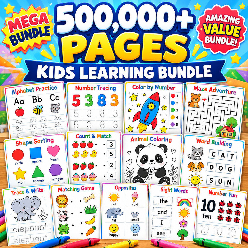 Kids Educational Bundle, Printable Worksheets and Homeschool Learning Activities