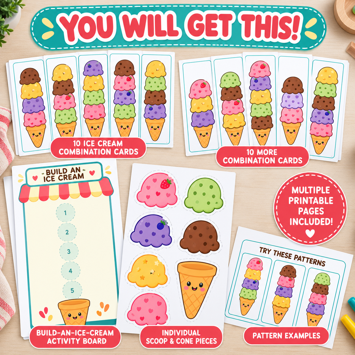Ice Cream Builder Activity, Fine Motor Matching Game for Preschool