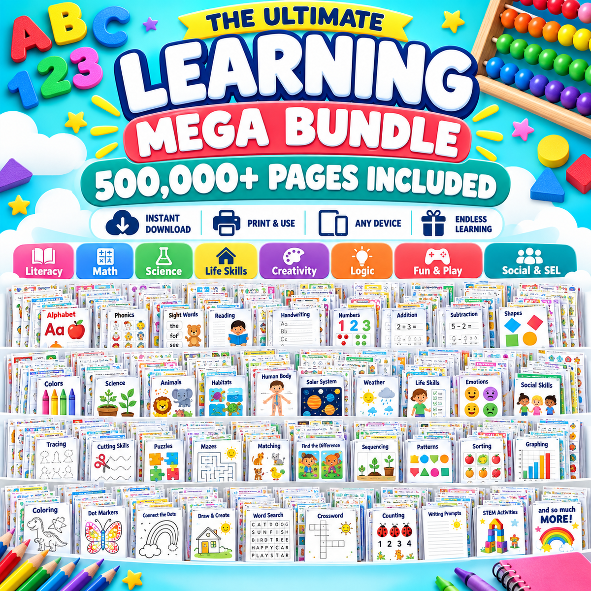 Kids Educational Bundle, Printable Worksheets and Homeschool Learning Activities