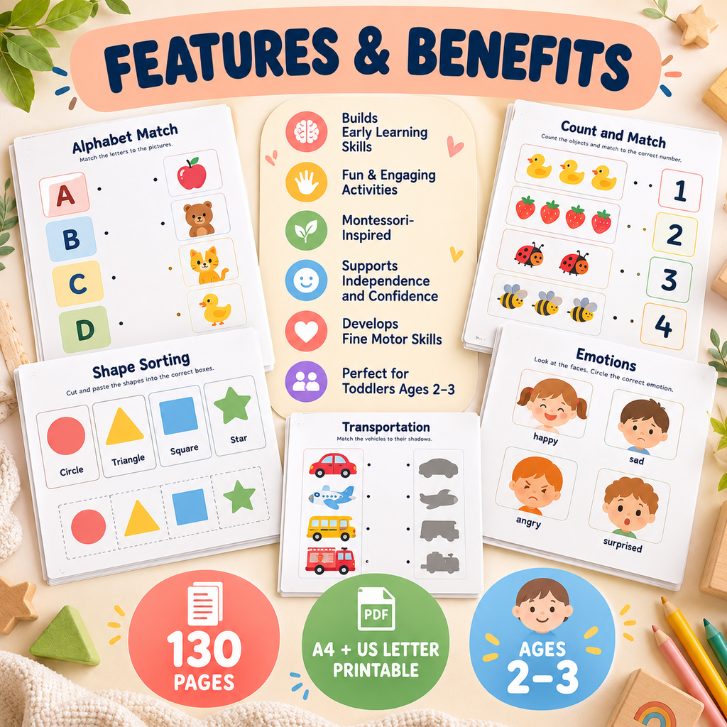 Toddler Montessori Activities, Alphabet Numbers and Shapes Ages 2-3