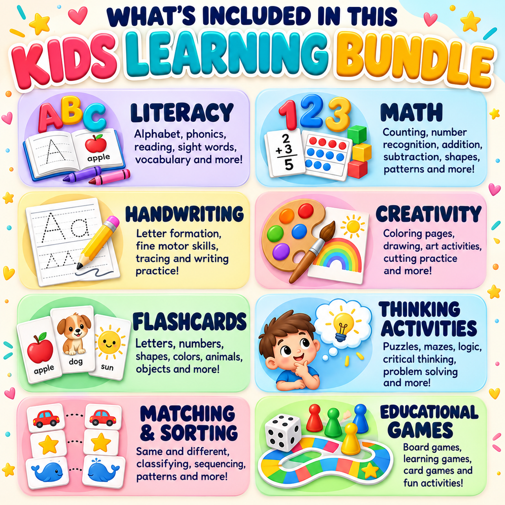 Kids Educational Bundle, Printable Worksheets and Homeschool Learning Activities