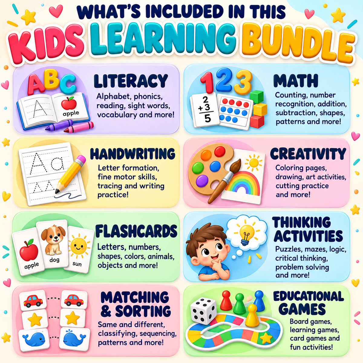 Kids Educational Bundle, Printable Worksheets and Homeschool Learning Activities