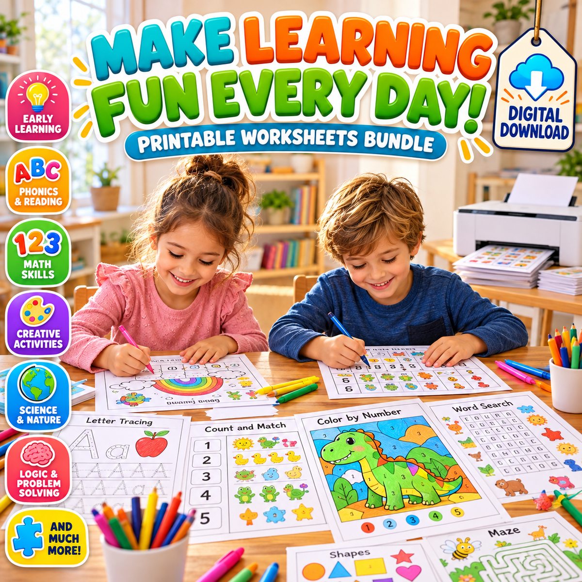 Kids Educational Bundle, Printable Worksheets and Homeschool Learning Activities